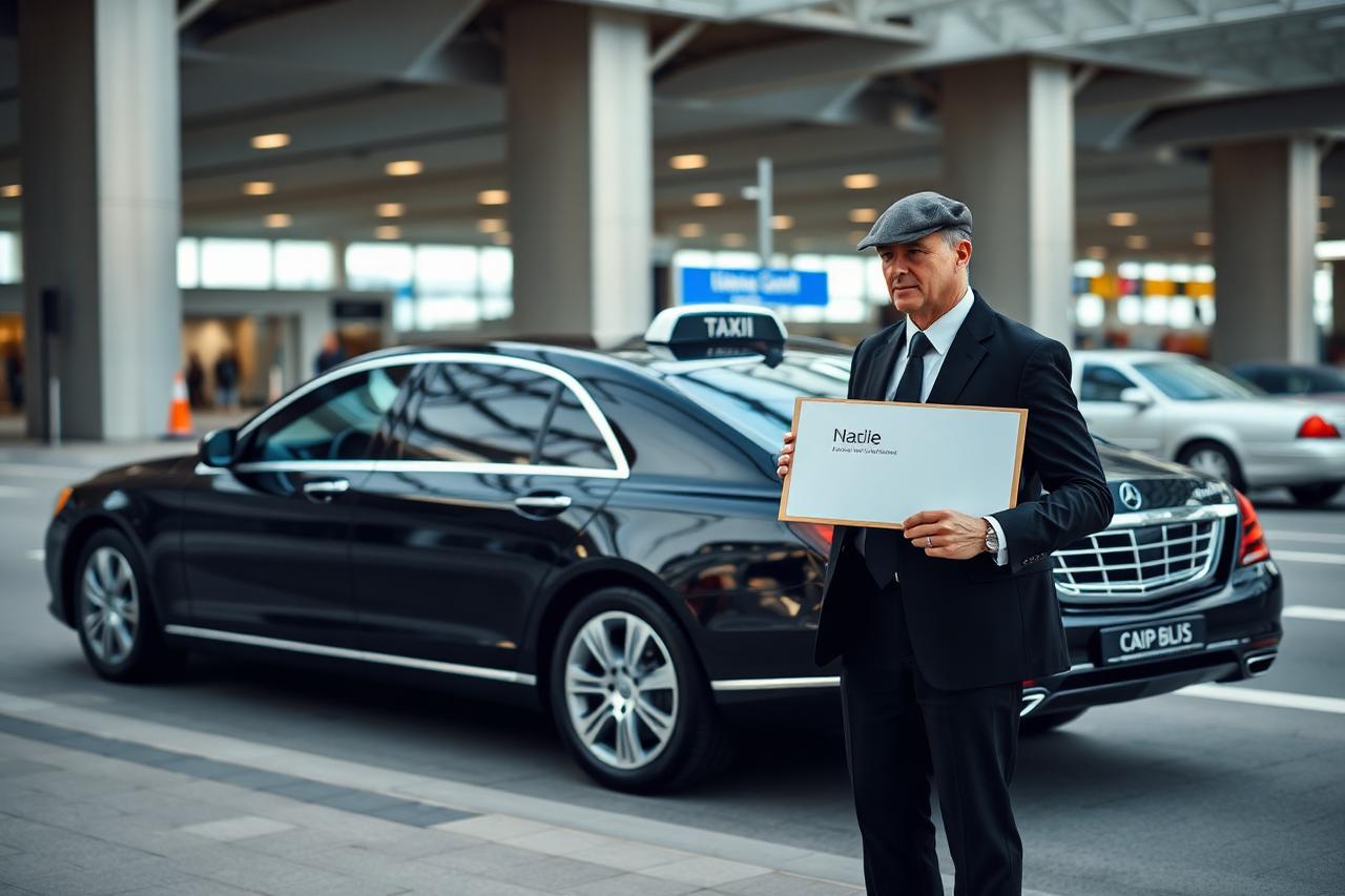 Chauffeur Haaltis accueillant un passager avec une pancarte à l'aéroport