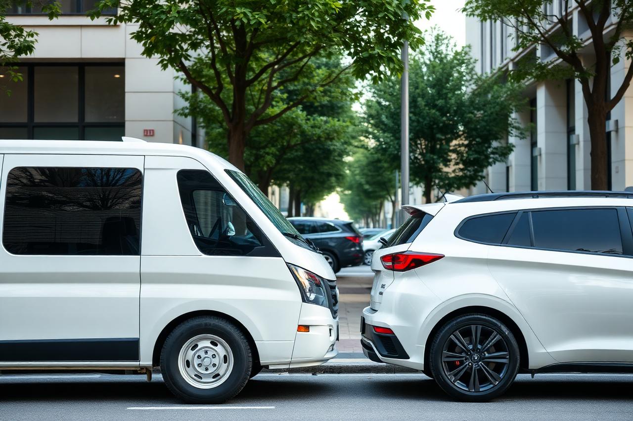 Van et berline de la flotte Haaltis Taxi stationnés en ville